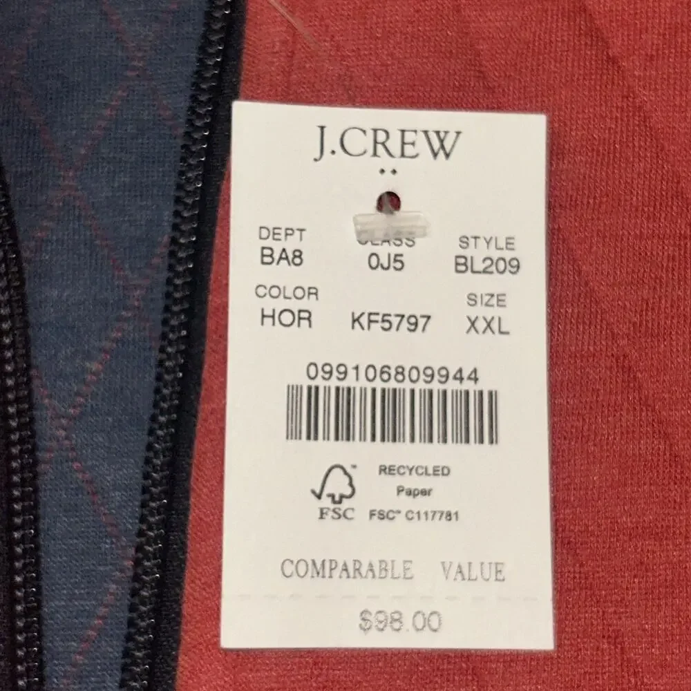 J Crew Quilted Authentic Fleece Red Quarter Zip Front 2XL NWT